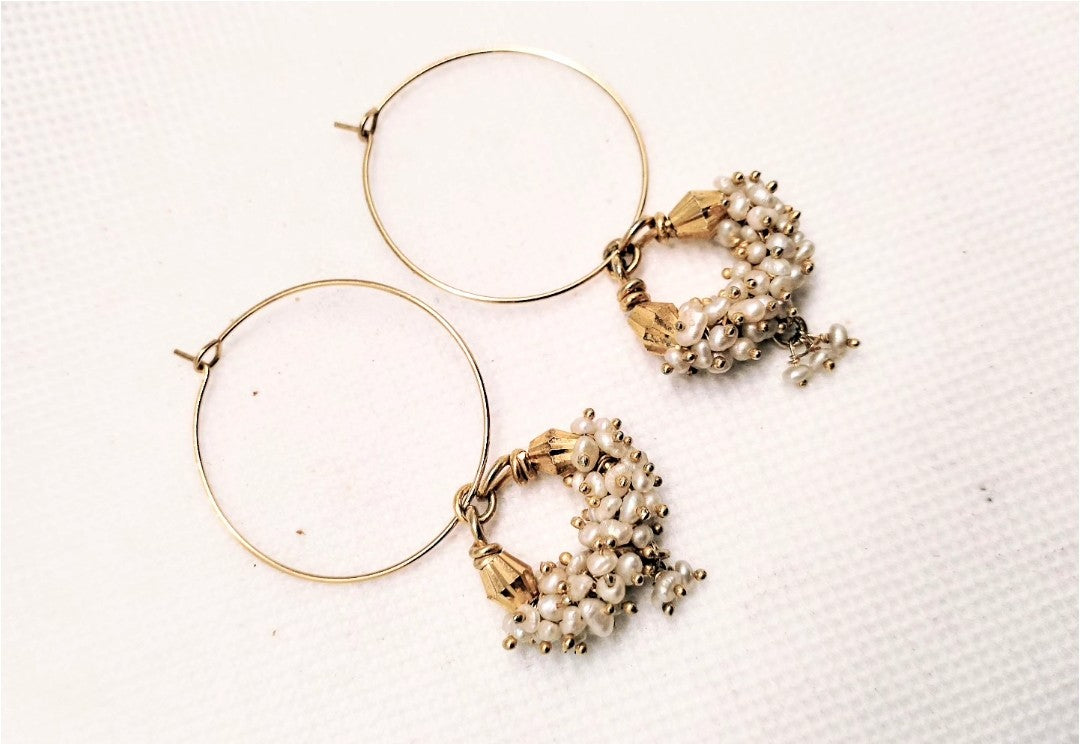 Vintage  seed pearl dangles on new gold stainless steel hoops