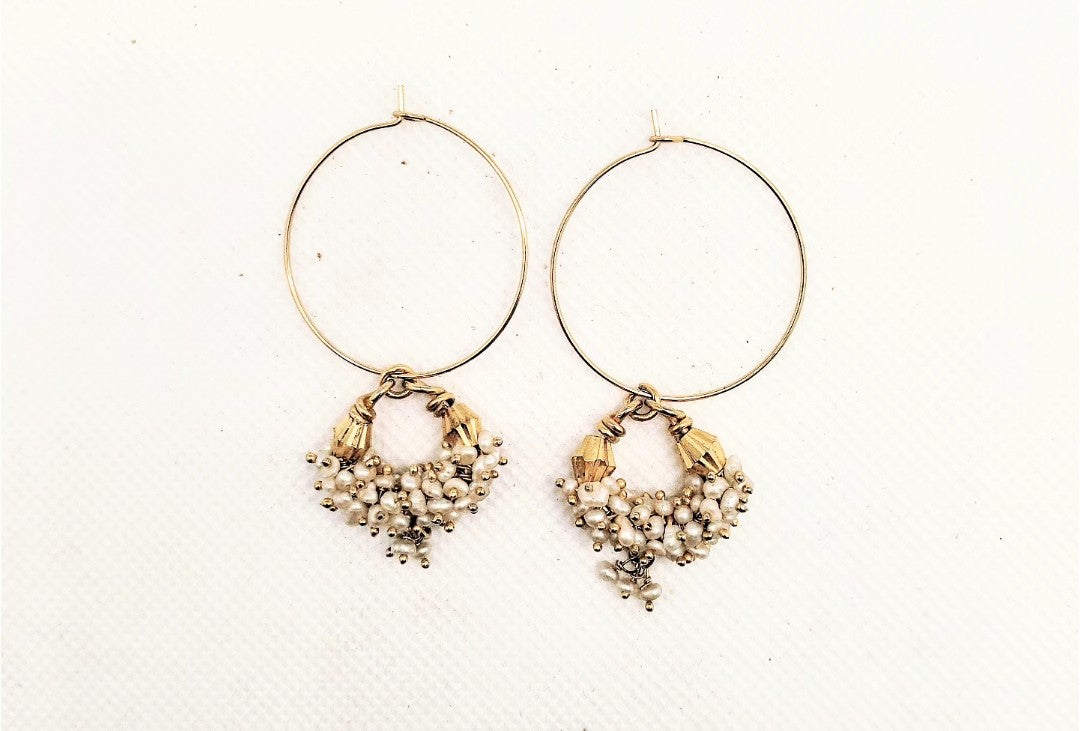 Vintage  seed pearl dangles on new gold stainless steel hoops