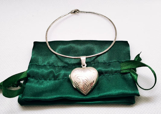 Sterling Silver engraved heart shaped locket on sterling silver hook bangle