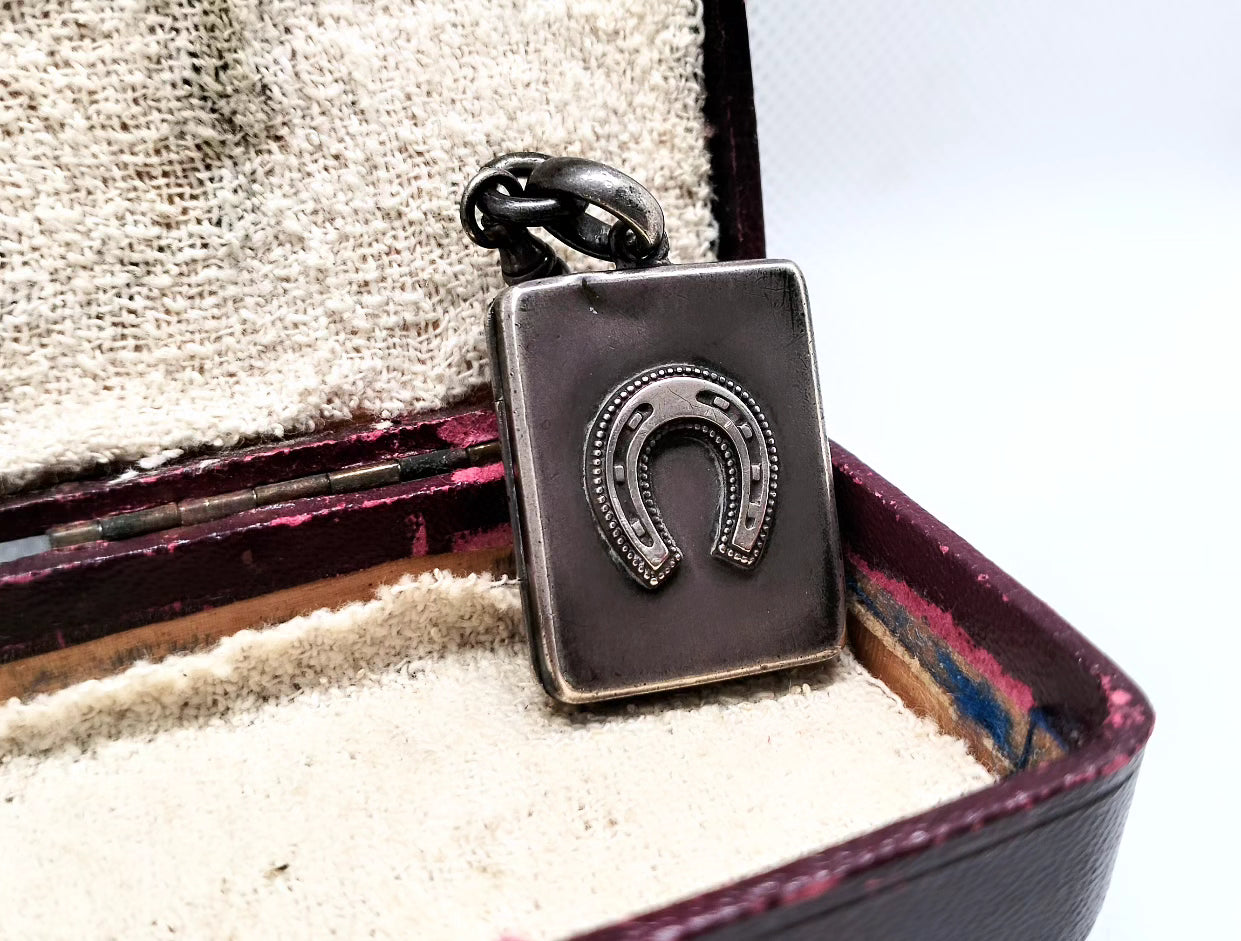 Lucky horseshoe Victorian rectangular locket - sterling silver hallmarked 1881